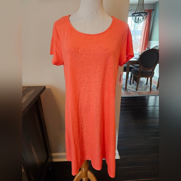 Old Navy Size Large Orange Linen Blend Scoop Neck Tee Shirt Dress Casual New Tag - Picture 1 of 9